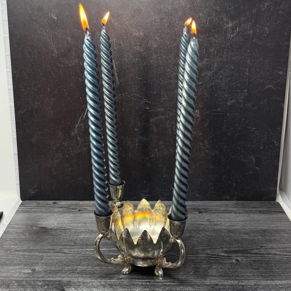 Vintage Leonard?  Silver Plate Lotus Candle Holder Flower Vase Centerpiece 4 Arm